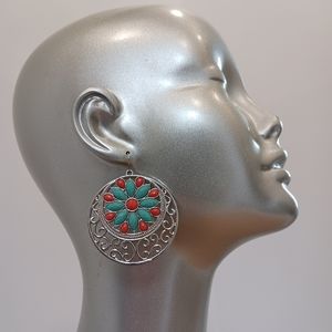 Fashion Hoop Earrings Medallion Filagree Silver Tone Vintage